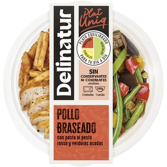 DELINATUR pollo braseado con pasta al pesto rosso y verduras asadas 1 ración envase 340 g listo en 3 minutos