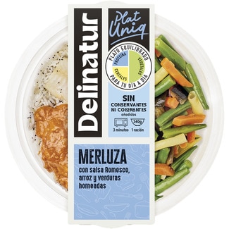 DELINATUR merluza con salsa romesco, arroz y verduras horneadas 1 ración envase 340 g listo en 3 minutos