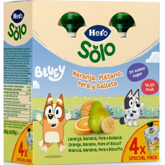 Hero Bluey Saqueta de Fruta Banana, Pera e Bolacha embalagem 100 g