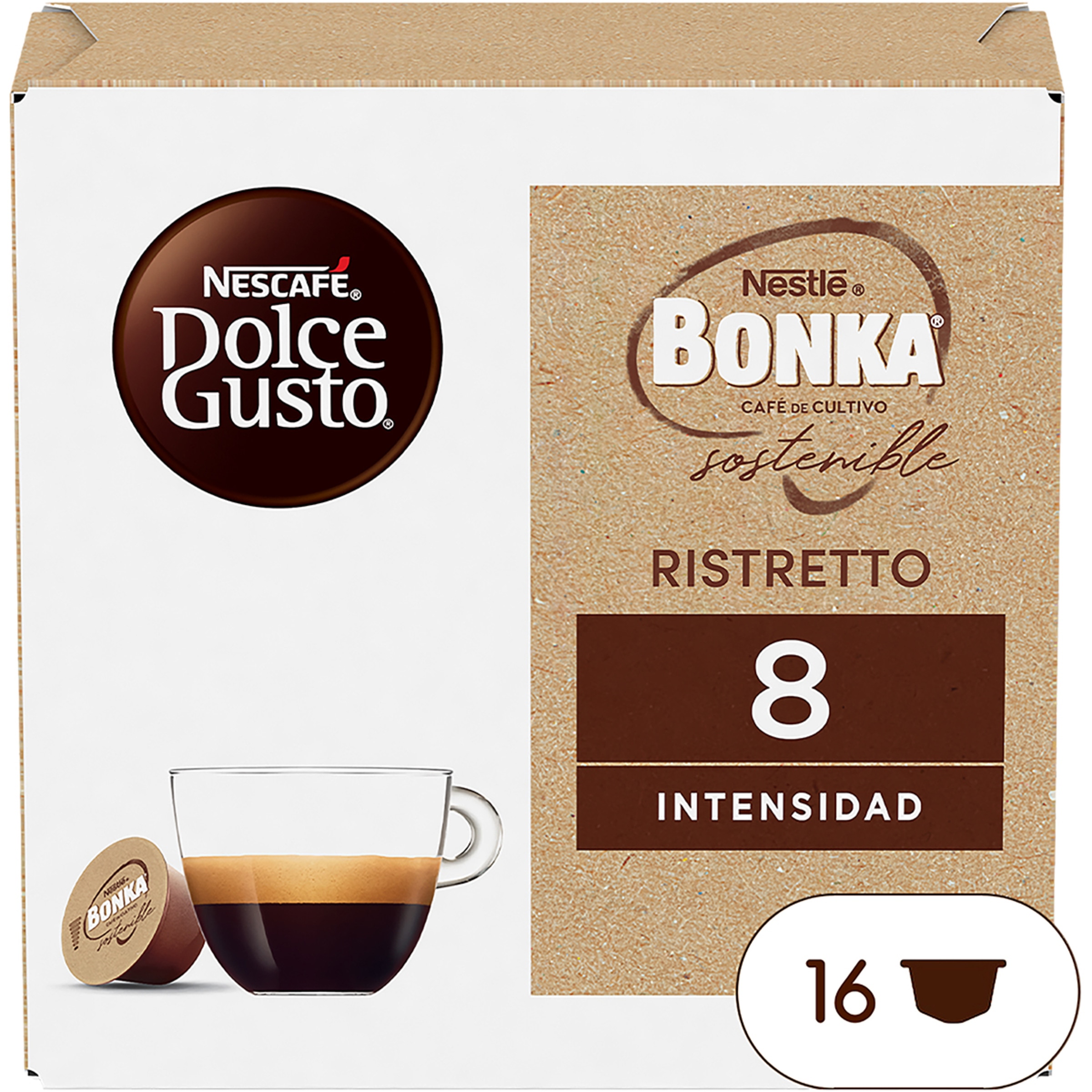 Café Extra Crema Colombia, Uganda, Brasil y Vietnam intensidad 8 Bonka Ristretto estuche 16 cápsulas - Nescafe Dolce Gusto
