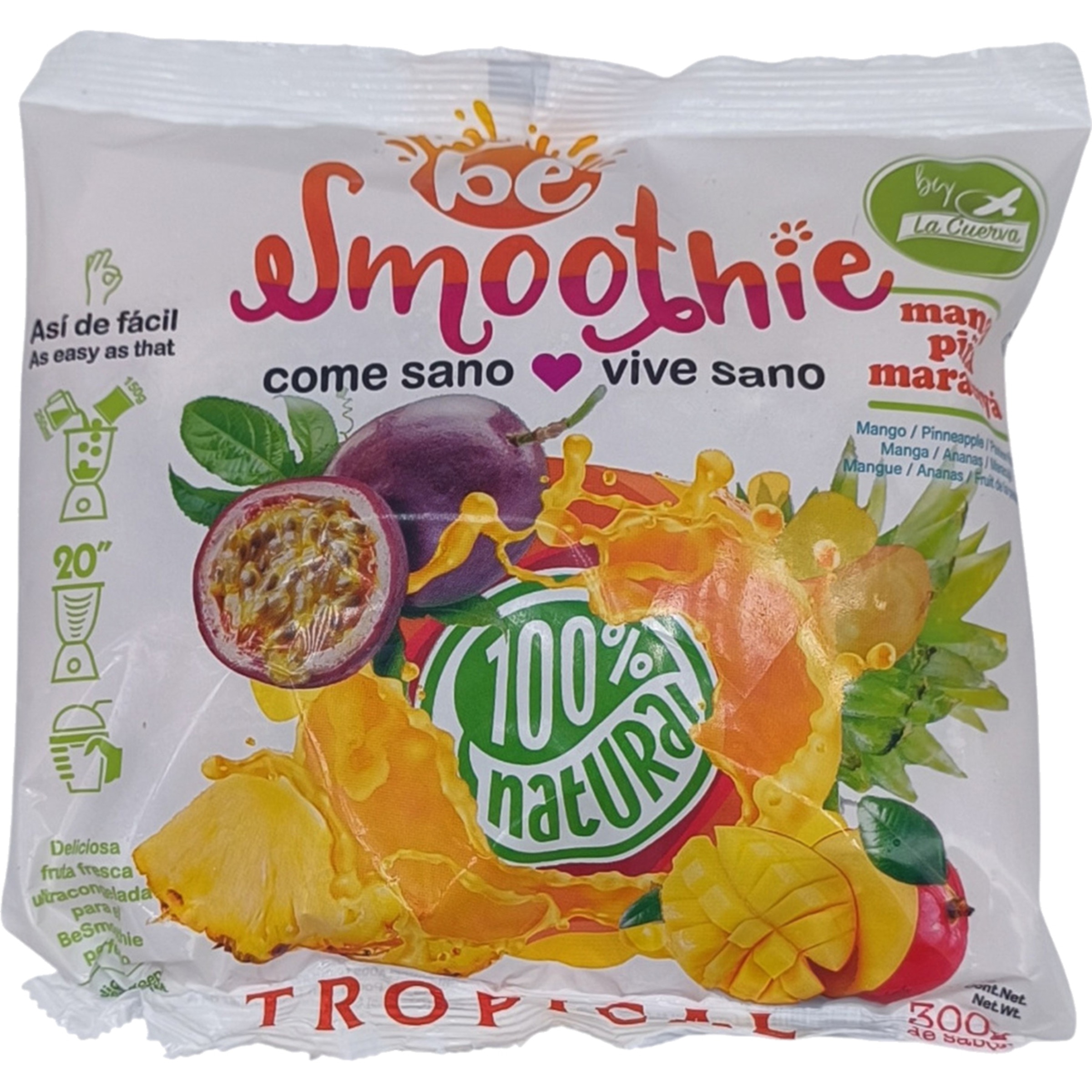 Smoothie mezcla de frutas antioxidantes mango, piña y maracuyá