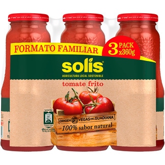 SOLIS tomate frito origen Vegas del Guadiana sin gluten formato familiar pack 3 frasco 360 g neto escurrido