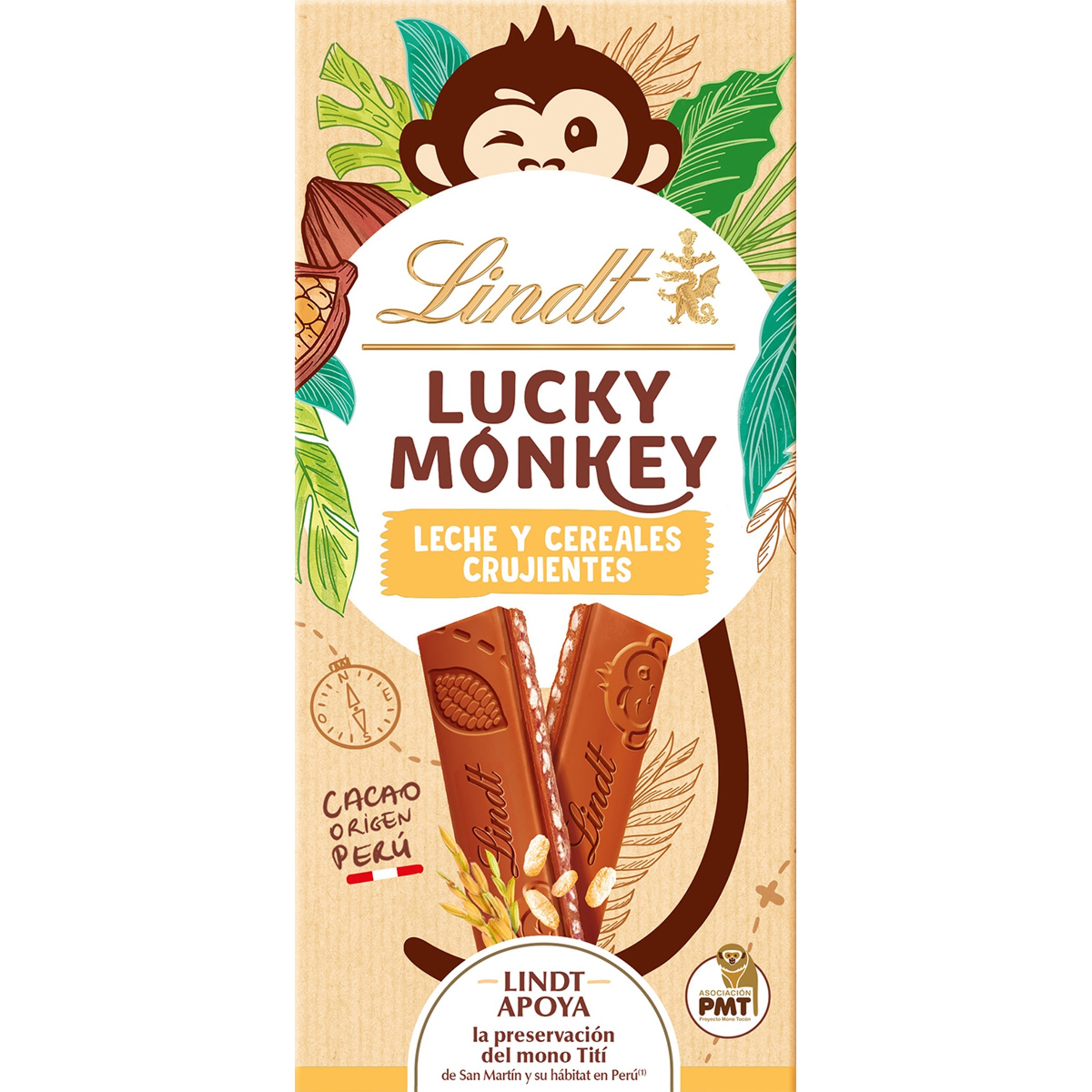 chocolate con leche y cereales crujientes Lucky Monkey origen Perú apoya la preservación del mono Tití de San Martín
