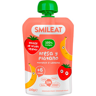 SMILEAT fresa y plátano 100% ecológico sin gluten desde 6 meses en bolsita 100 g sin leche y sin azúcares añadidos
