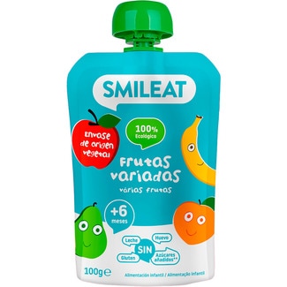 SMILEAT frutas variadas 100% ecológico sin gluten desde 6 meses en bolsita 100 g sin leche  y sin azúcares añadidos