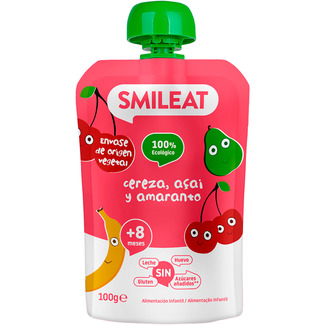 SMILEAT cereza, açai y amaranto 100% ecológico y sin gluten desde 8 meses en bolsita 100 g sin leche y sin azúcares añadidos