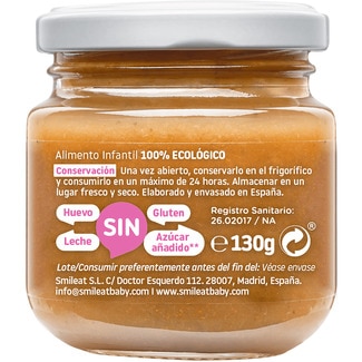 Tarrito de melocotón y frambuesa 100% ecológico y sin gluten desde 6 meses envase 130 g - Smileat