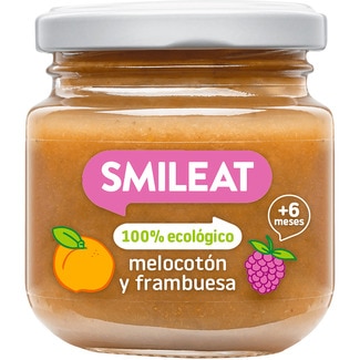 SMILEAT tarrito de melocotón y frambuesa 100% ecológico y sin gluten desde 6 meses envase 130 g