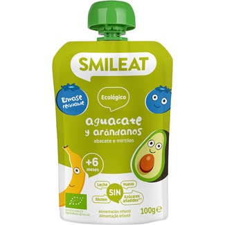 SMILEAT aguacate y arándanos ecológico sin gluten sin leche y sin azúcares añadidos desde 6 meses bolsita 100 g