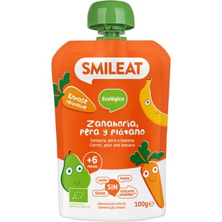 SMILEAT zanahoria, pera y plátano ecológico sin gluten, sin leche desde 6 meses en bolsita 100 g