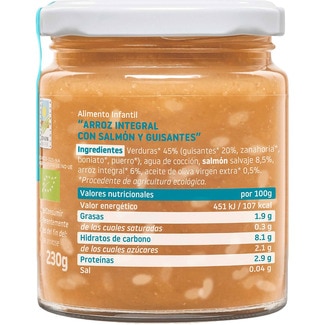 Cachitos tarrito de arroz integral con salmón y guisantes ecológico desde 10 meses envase 230 g - Smileat