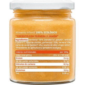 Tarrito de cocidito con jamón y ternera 100% ecológico sin gluten desde 6 meses envase 230 g - Smileat