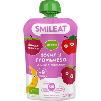 SMILEAT yogur y frambuesa ecológico sin gluten desde 12 meses en bolsita 100 g y sin azúcares añadidos
