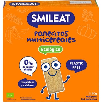 SMILEAT panecitos multicereales ecológicos con plátano y calabaza desde 8 meses envase 60 g y sin azúcares añadidos