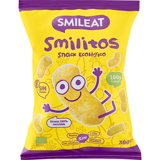 SMILEAT Smilitos snack ecológico de maíz sin gluten, sin huevo, sin leche bolsa 38 g sin azúcares ni sal añadidos