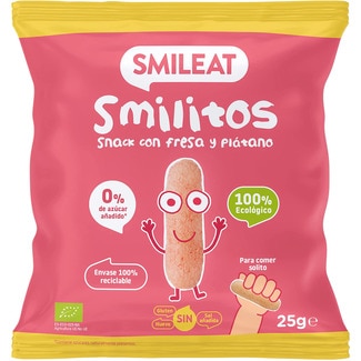 SMILEAT Smilitos snacks con fresa y plátano ecológico, sin gluten desde 18 meses bolsa 25 g 0% azúcares añadidos y sin sal añadida