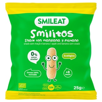 SMILEAT Smilitos snacks con manzana y plátano ecológico y sin gluten desde 8 meses bolsa 25 g 0% azúcares añadidos y sin sal añadida