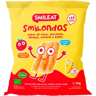 SMILEAT Smilondas snack de maíz, garbanzo, lenteja, tomate y queso ecológico y sin gluten bolsa 25 g desde 15 meses