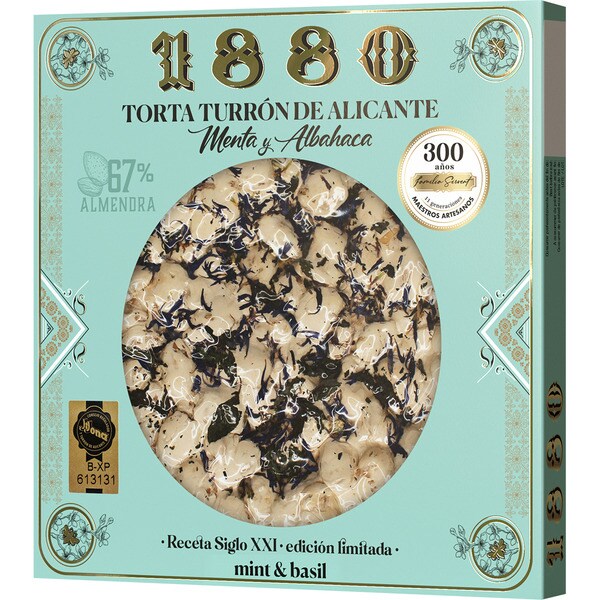Torte aus hartem Turrón aus Alicante 67 % Mandeln mit Minze und Basilikum g.g.A. Jijona Tafel 200 g Rezept aus dem 21. Jh. Limitierte Auflage