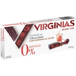 VIRGINIAS 0% turrón trufado de chocolate con guindas al licor sin azúcares añadidos Calidad Suprema tableta 200 g