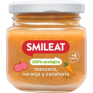 SMILEAT tarrito de manzana, naranja y zanahoria 100% ecológico y sin gluten desde 4 meses envase 130 g