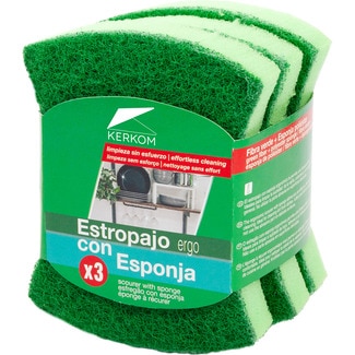ROZENBAL estropajo con esponja fibra verde ergo paquete 3 unidades