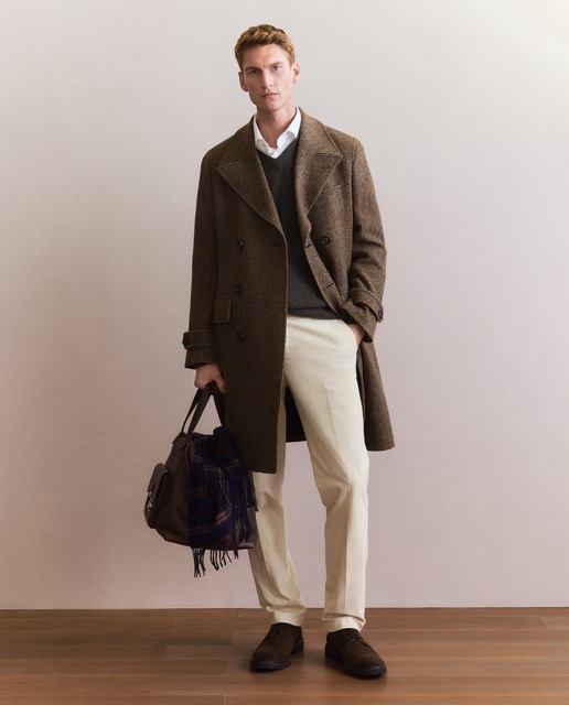 Abrigo cruzado de espiga en lana shetland de hombre