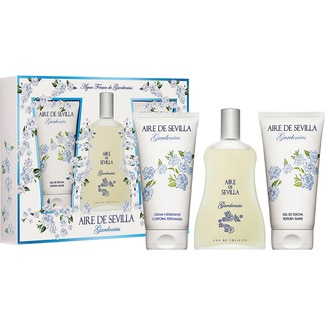 AIRE DE SEVILLA Gardenien Schuber mit Frischem Eau de Cologne für Sie naturelle Spray 150 ml + Duschgel in der Flasche 150 ml + Feuchtigkeitskörpercreme Tiegel 150 ml