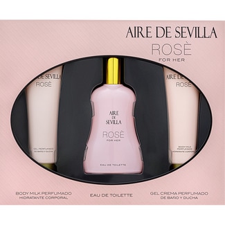 AIRE DE SEVILLA Rosé estuche con eau de toilette femenina natural Spray 150 ml + body milk perfumado tubo 100 ml + gel de ducha en crema perfumado tubo 100 ml