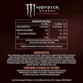 Bebida energética con taurina y ginseng sabor Ultra Peachy Keen sin azúcar lata 50 cl - Monster Energy