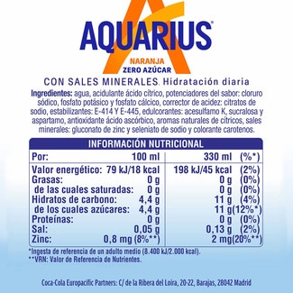Bebida isotónica sin azúcar sabor naranja lata 33 cl - Aquarius Zero