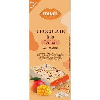 MUAH chocolate blanco con mango a la Dubai relleno de caramelo efervescente y arroz inflado tableta 145 g