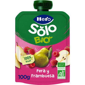 Bolsita de pera y frambuesa ecológica sin gluten desde 4 meses 100 g - Hero Solo