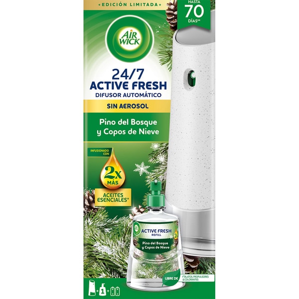 Lufterfrischer automatischer Diffuser Active Fresh Waldkiefer und Schneeflocken 24/7 Apparat + Nachfüllpackung ohne Aerosol mit ätherischen Ölen