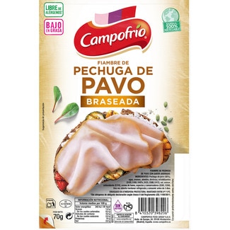 CAMPOFRIO fiambre de pechuga de pavo braseada bajo en grasa en lonchas sin gluten sin lactosa envase 70 g