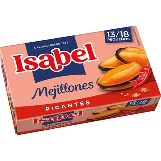 ISABEL mejillones picantes 13-18 piezas lata 69 g neto escurrido