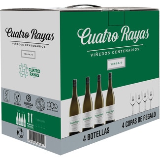 CUATRO RAYAS Viñedos Centenarios Weißwein Verdejo Ursprungsbezeichnung Rueda 4er-Kiste Flaschen 75 cl + 4 Weingläser als Geschenk