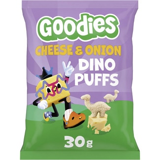GOODIES Dino Puffs wheat and corn snacks cheese and onion flavour from 3 years old bag 30 g