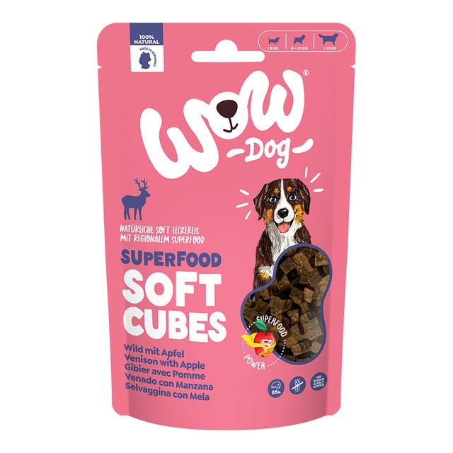 Wow – Snack para perros Wow Superfood cubitos de venado con manzana 150 g.