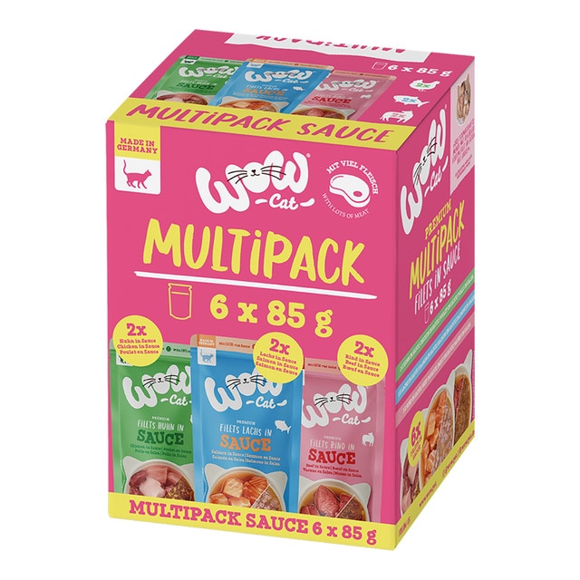 Wow – Comida húmeda para gatos adultos Wow multipack pollo, ternera y salmón en salsa 6 x 85 g. 510 g