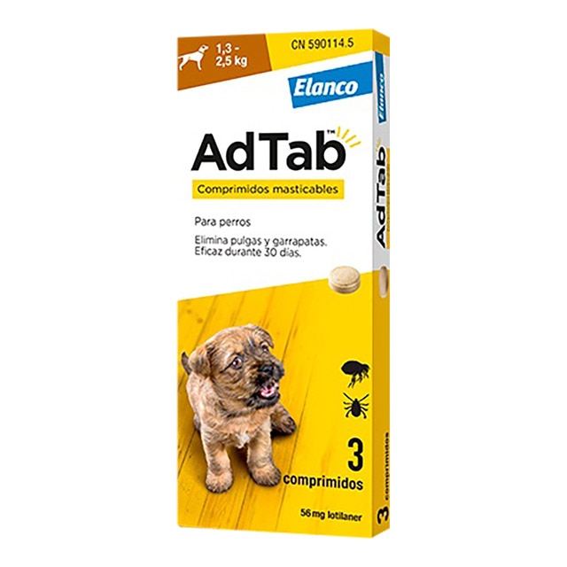 Elanco – Comprimidos masticables antiparasitarios para perros Mini (1,3-2,5kg) Adtab Elanco 56mg 3 ud. Talla Única