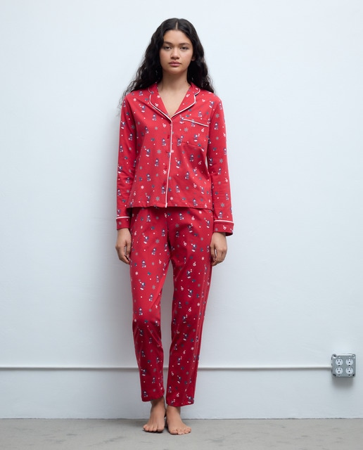 Pijama de mujer completo estampado Minnie y tazas con solapa manga larga y pantalón largo
