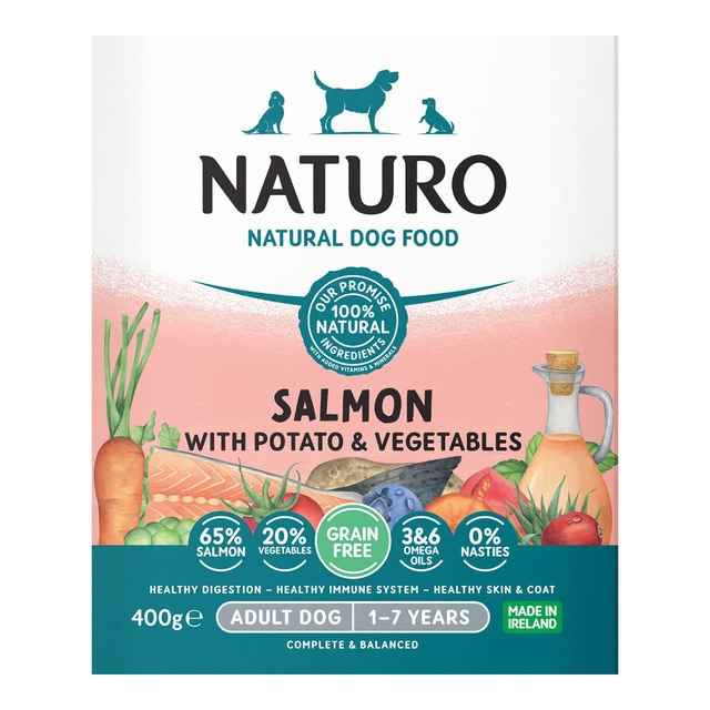 Naturo – Comida húmeda para perros adultos medianos y grandes Naturo paté salmón y patatas grain free 400 g.