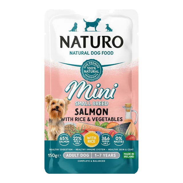Naturo – Comida húmeda para perros adultos minis Naturo salmón y arroz 150 g.