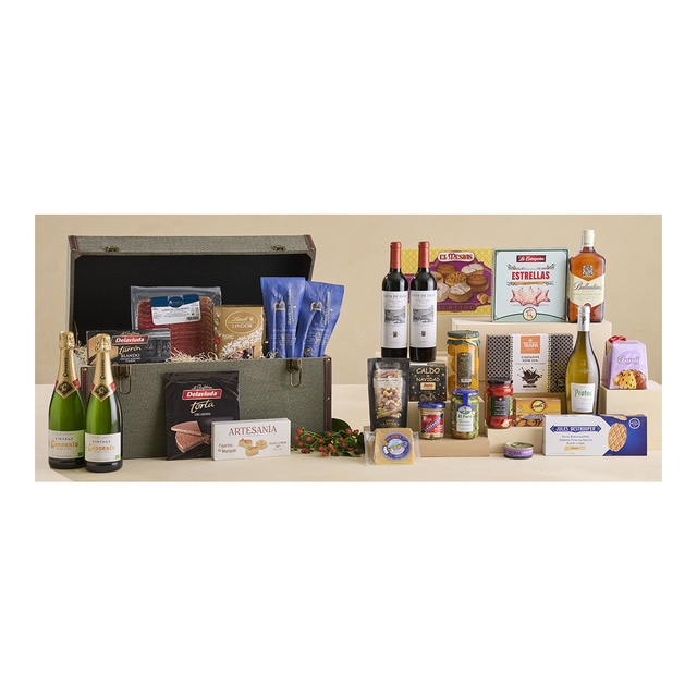 Baúl tela verde dulces navideños, embutidos ibéricos, vino y cava