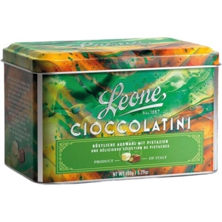 LEONE Cioccolatini pralinés surtidos de chocolate con pistacho lata 150 g