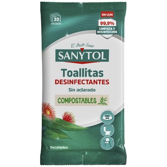 SANYTOL limpiador en toallitas desinfectantes sin aclarado sin lejía eucalipto paquete 30 unidades compostables