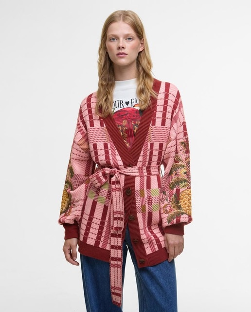 Cárdigan de punto en jacquard de tartán rosa con bordado de piñas en las mangas