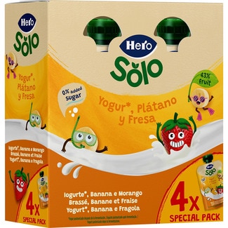 HERO SOLO bolsita de yogur con plátano y fresa sin gluten desde 12 meses pack 4 100 g 0% azúcar añadido