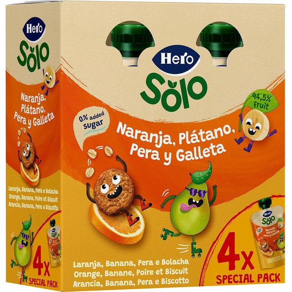 orange banana, pear and biscuit pouches for 12+ months 4-pack units 100 g no added sugar